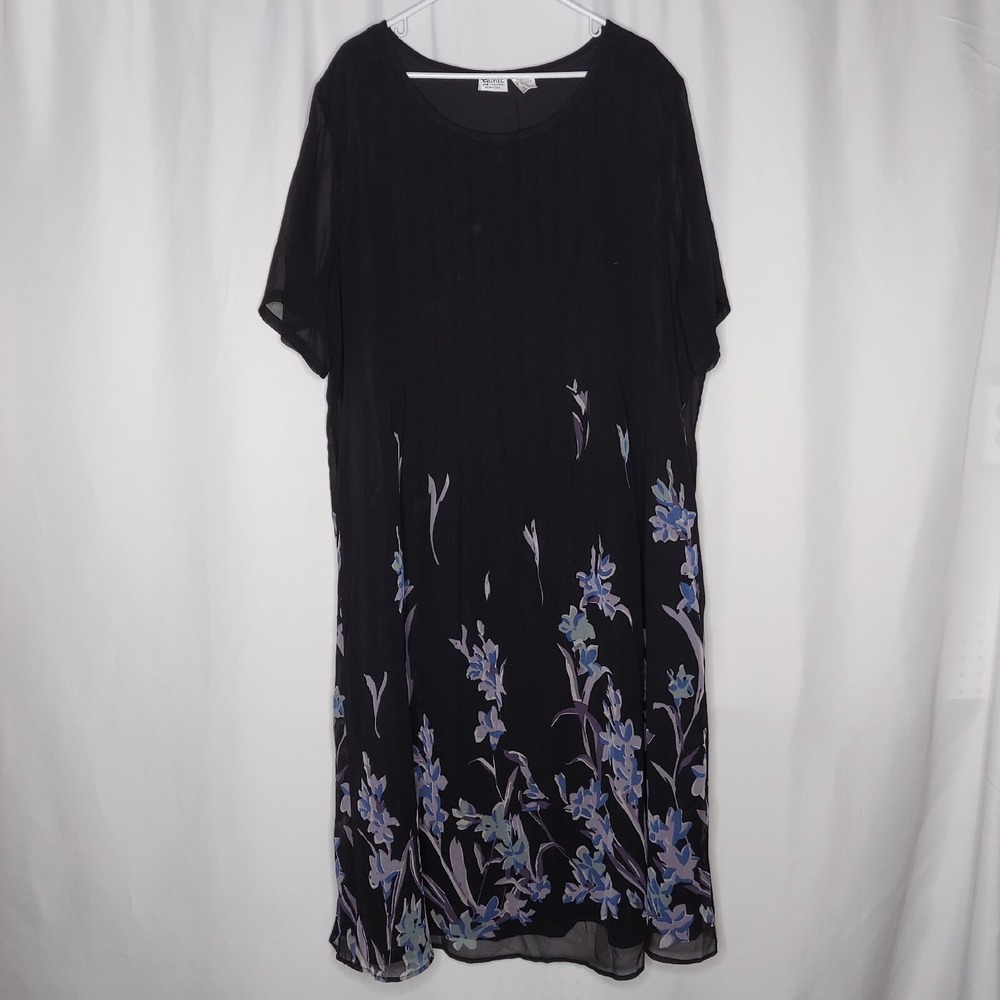 Gunit Vtg Maxi Dress 26W‎ Black Purple Floral Pleated Short Sleeve Gown Grunge